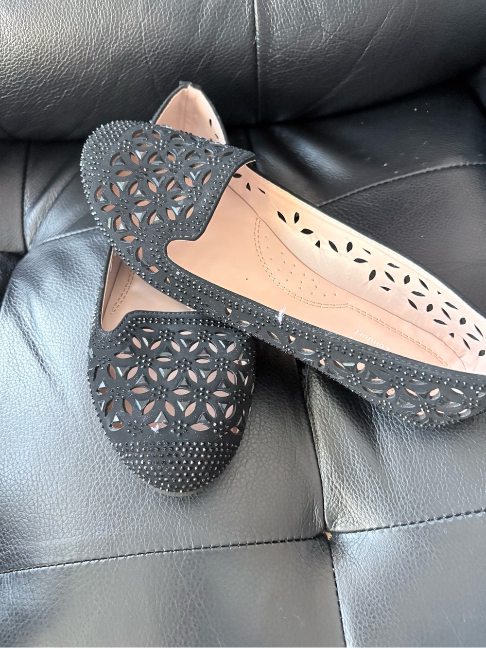 Women's Black Laser-Cut Slip-On Flats with Stud Detail